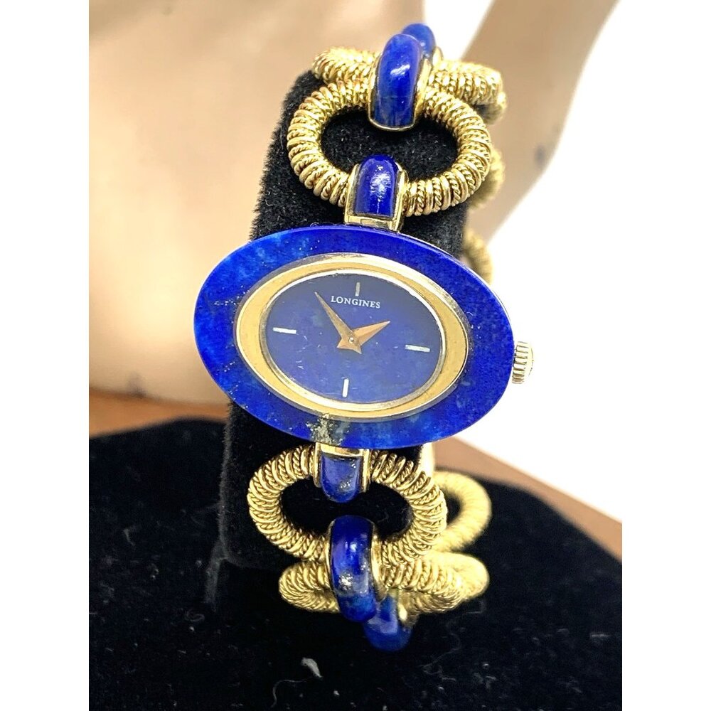 Longines Women's Watch Blue Lapis 18k Yellow Gold Vintage Swiss Hand Wind 27mm